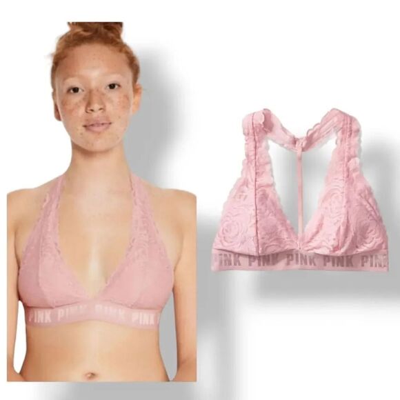 NEW Victoria's Secret Pink Lace T-Strap Logo Bralette in Pink Size Small - Picture 1 of 15